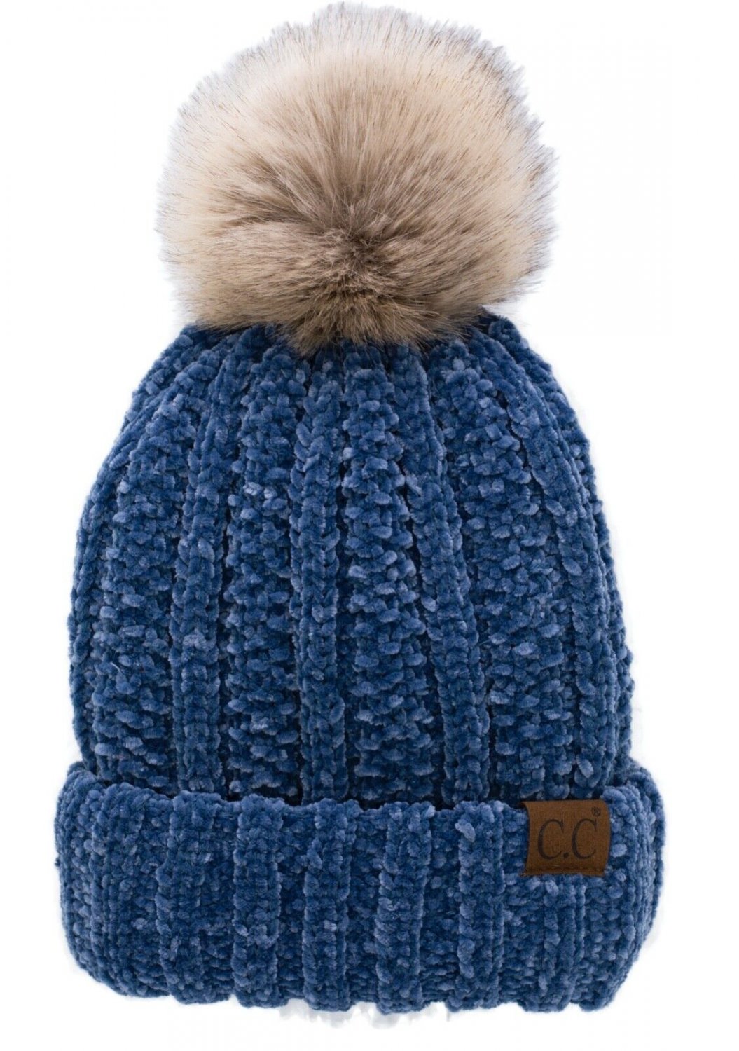 Dark Denim Chenille Thick Cable Knit Faux Fuzzy Fur Pom Fleece Lined Skull Cuff Beanie