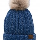 Dark Denim Chenille Thick Cable Knit Faux Fuzzy Fur Pom Fleece Lined Skull Cuff Beanie