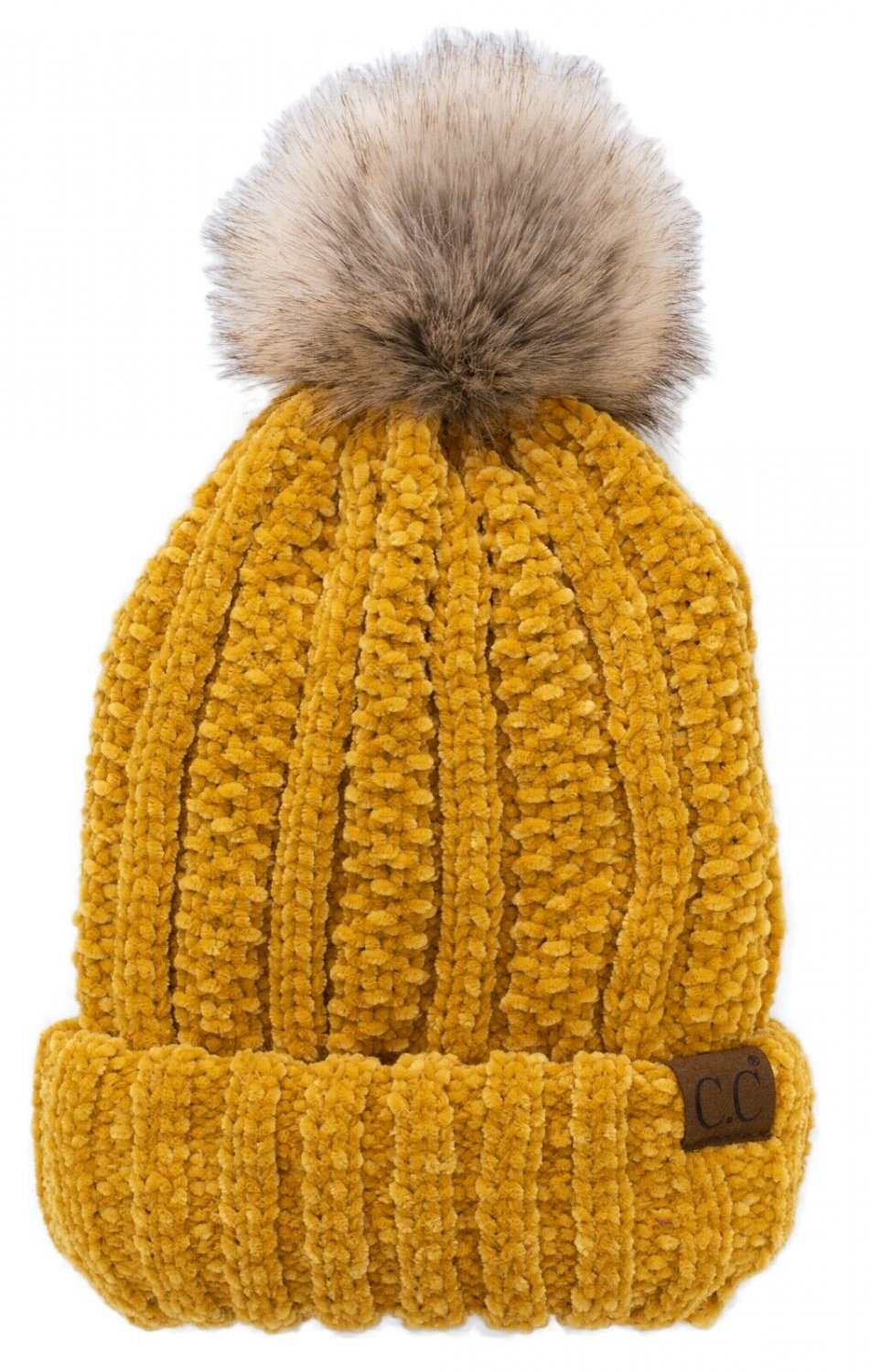 Mustard Chenille Thick Cable Knit Faux Fuzzy Fur Pom Fleece Lined Skull Cuff Beanie