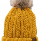 Mustard Chenille Thick Cable Knit Faux Fuzzy Fur Pom Fleece Lined Skull Cuff Beanie