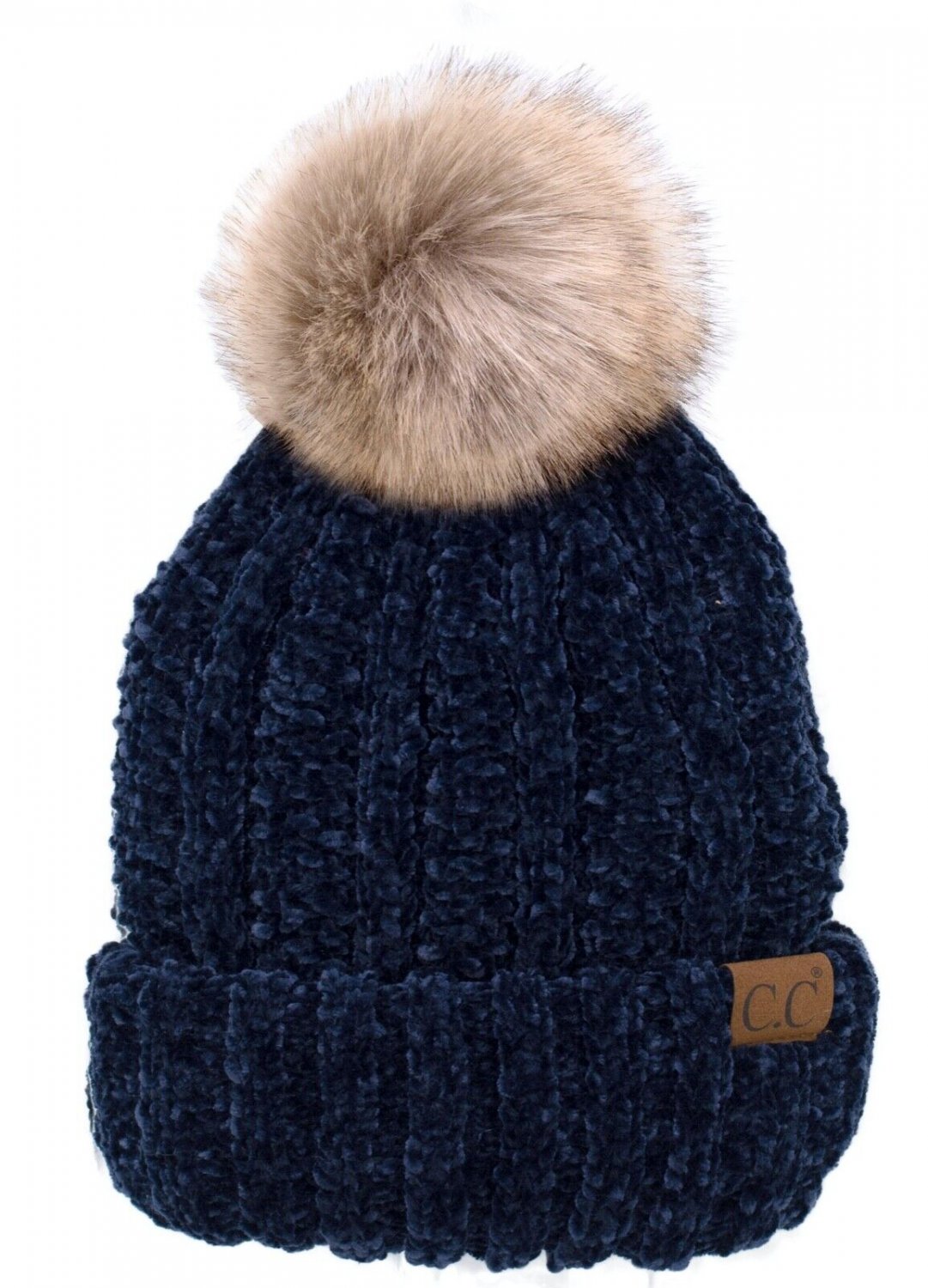Navy Chenille Thick Cable Knit Faux Fuzzy Fur Pom Fleece Lined Skull Cuff Beanie