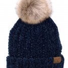 Navy Chenille Thick Cable Knit Faux Fuzzy Fur Pom Fleece Lined Skull Cuff Beanie
