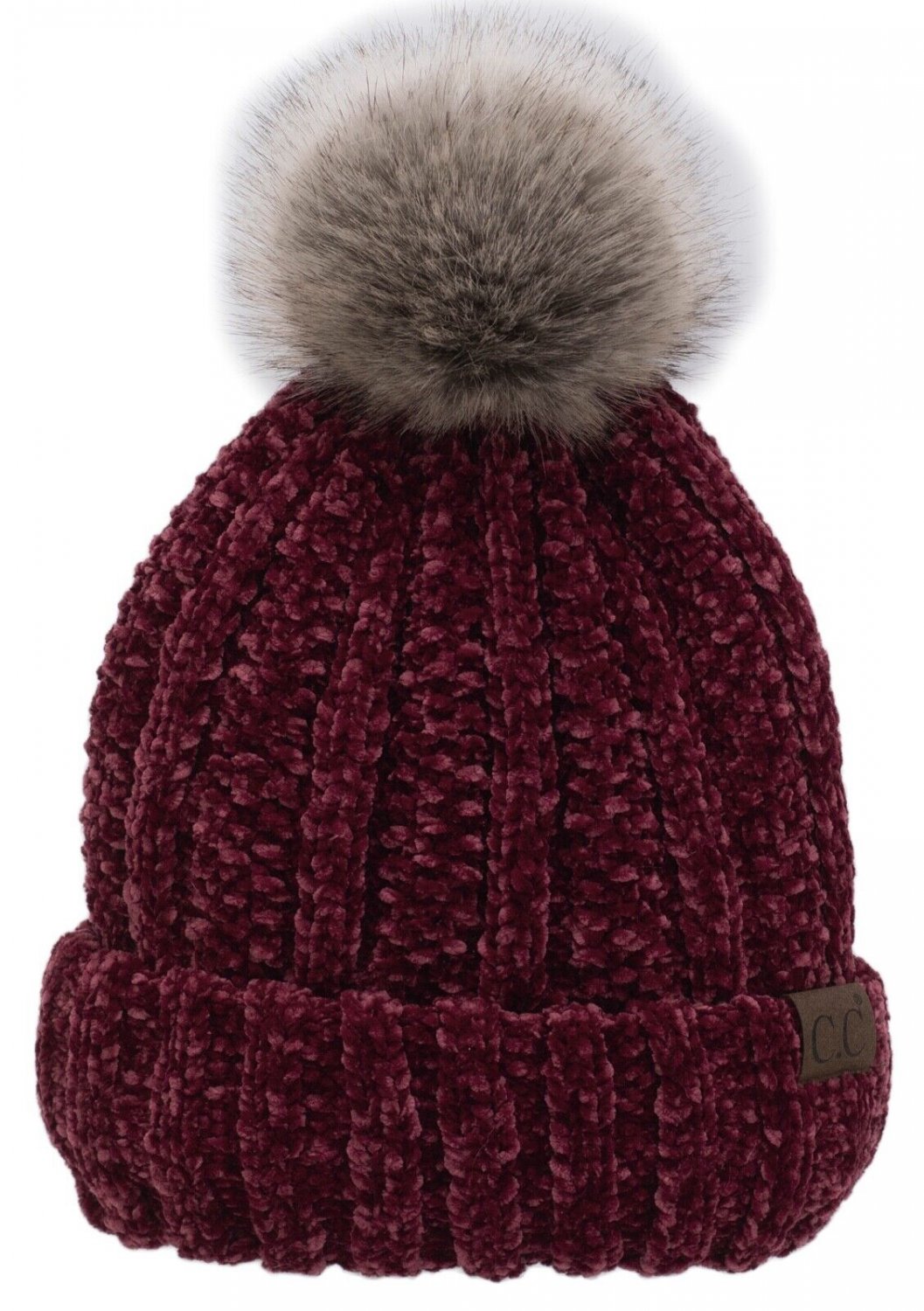 Burgundy Chenille Thick Cable Knit Faux Fuzzy Fur Pom Fleece Lined Skull Cuff Beanie