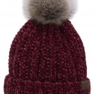 Burgundy Chenille Thick Cable Knit Faux Fuzzy Fur Pom Fleece Lined Skull Cuff Beanie