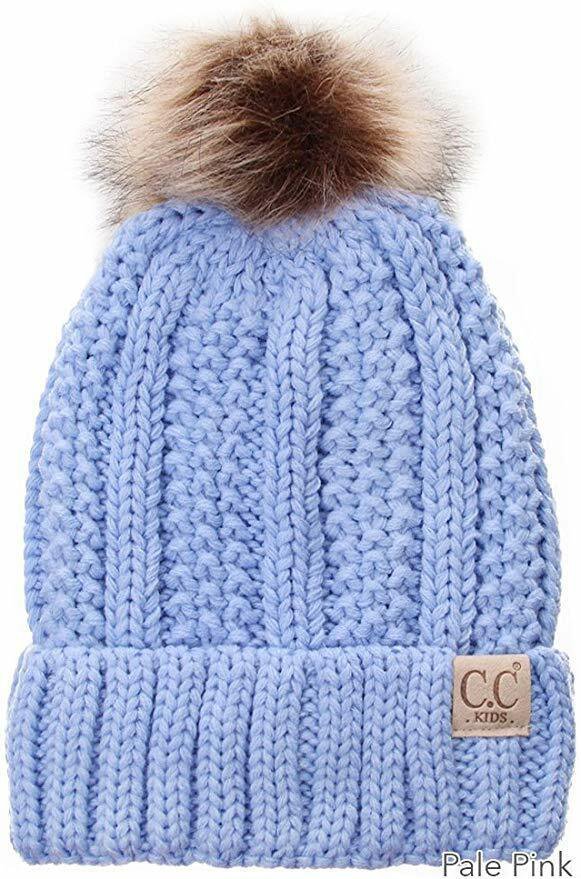 Pale Blue Toddler Kids Genuine Ages 2-7 Sherpa Lining Pom Thick Knit Beanie Hat