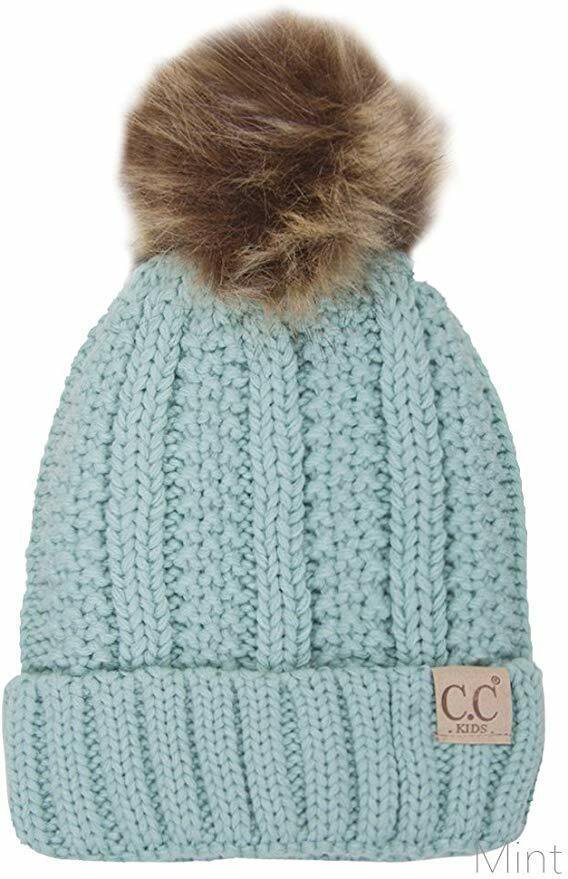 Mint Toddler Kids Genuine Ages 2-7 Sherpa Lining Pom Thick Knit Beanie Hat
