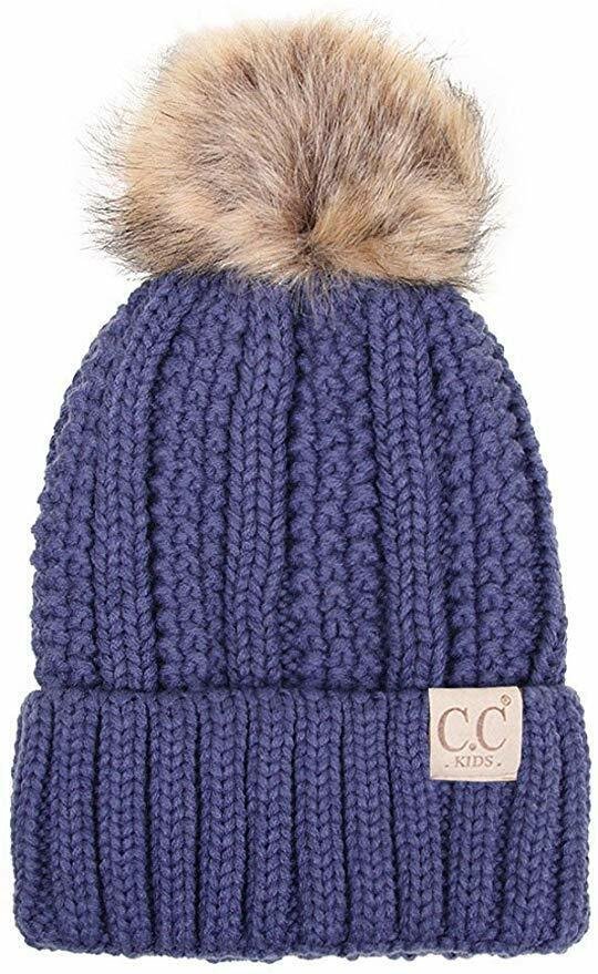 Dark Denim Toddler Kids Genuine Ages 2-7 Sherpa Lining Pom Thick Knit Beanie Hat
