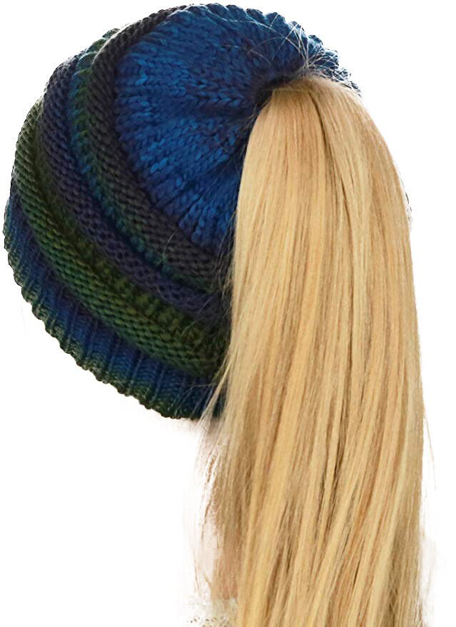 Teal Mix BeanieTail Tribal Mix Soft Stretch Cable Knit Messy High Bun Ponytail Beanie