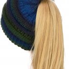 Teal Mix BeanieTail Tribal Mix Soft Stretch Cable Knit Messy High Bun Ponytail Beanie