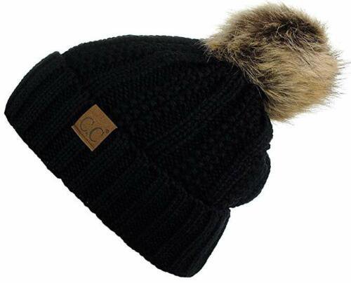 Black Thick Cable Knit Faux Fuzzy Fur Pom Fleece Lined Skull Cap Cuff Beanie