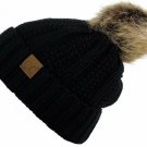 Black Thick Cable Knit Faux Fuzzy Fur Pom Fleece Lined Skull Cap Cuff Beanie