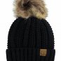 Black Thick Cable Knit Faux Fuzzy Fur Pom Fleece Lined Skull Cap Cuff Beanie