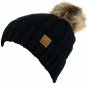 Black Thick Cable Knit Faux Fuzzy Fur Pom Fleece Lined Skull Cap Cuff Beanie