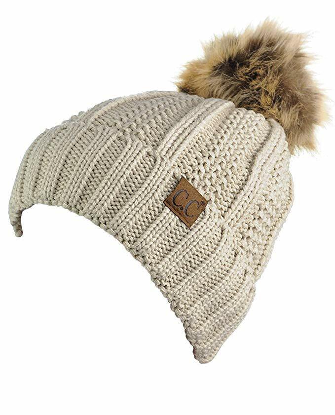 Beige Thick Cable Knit Faux Fuzzy Fur Pom Fleece Lined Skull Cap Cuff Beanie