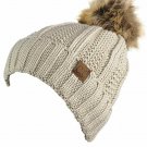 Beige Thick Cable Knit Faux Fuzzy Fur Pom Fleece Lined Skull Cap Cuff Beanie