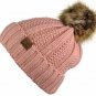 Indie Pink Thick Cable Knit Faux Fuzzy Fur Pom Fleece Lined Skull Cap Cuff Beanie