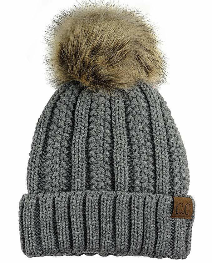 Light Melange Grey Thick Cable Knit Faux Fuzzy Fur Pom Fleece Lined Skull Cap Cuff Beanie