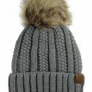 Light Melange Grey Thick Cable Knit Faux Fuzzy Fur Pom Fleece Lined Skull Cap Cuff Beanie