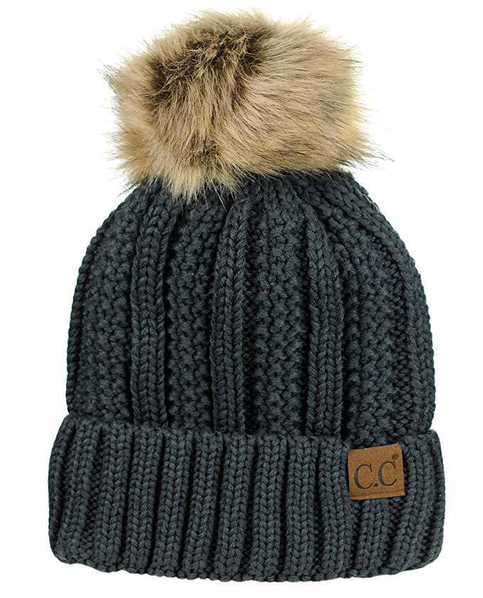 Dark Melange Grey Thick Cable Knit Faux Fuzzy Fur Pom Fleece Lined Skull Cap Cuff Beanie