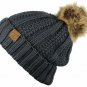 Dark Melange Grey Thick Cable Knit Faux Fuzzy Fur Pom Fleece Lined Skull Cap Cuff Beanie
