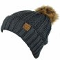 Dark Melange Grey Thick Cable Knit Faux Fuzzy Fur Pom Fleece Lined Skull Cap Cuff Beanie