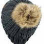 Dark Melange Grey Thick Cable Knit Faux Fuzzy Fur Pom Fleece Lined Skull Cap Cuff Beanie