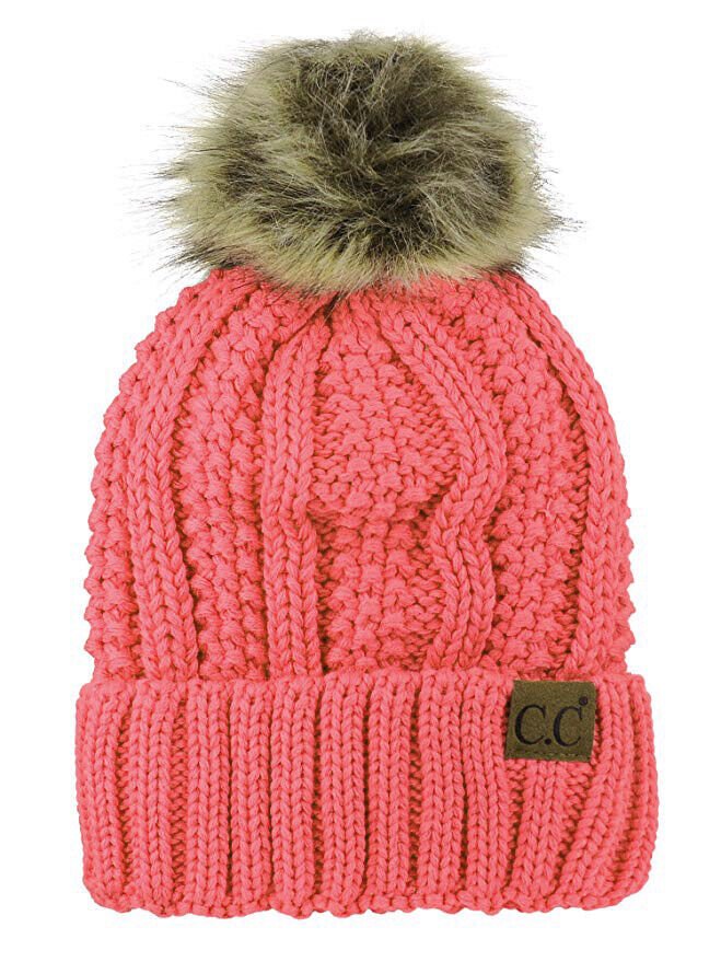 Coral Thick Cable Knit Faux Fuzzy Fur Pom Fleece Lined Skull Cap Cuff Beanie