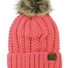 Coral Thick Cable Knit Faux Fuzzy Fur Pom Fleece Lined Skull Cap Cuff Beanie