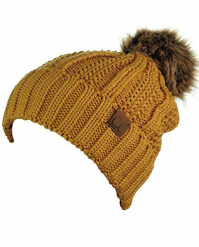 Mustard Thick Cable Knit Faux Fuzzy Fur Pom Fleece Lined Skull Cap Cuff Beanie