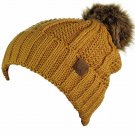 Mustard Thick Cable Knit Faux Fuzzy Fur Pom Fleece Lined Skull Cap Cuff Beanie