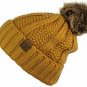 Mustard Thick Cable Knit Faux Fuzzy Fur Pom Fleece Lined Skull Cap Cuff Beanie