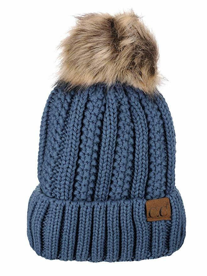 Dark Denim Thick Cable Knit Faux Fuzzy Fur Pom Fleece Lined Skull Cap Cuff Beanie