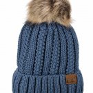 Dark Denim Thick Cable Knit Faux Fuzzy Fur Pom Fleece Lined Skull Cap Cuff Beanie