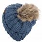Dark Denim Thick Cable Knit Faux Fuzzy Fur Pom Fleece Lined Skull Cap Cuff Beanie