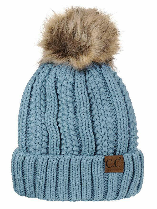 Denim Thick Cable Knit Faux Fuzzy Fur Pom Fleece Lined Skull Cap Cuff Beanie