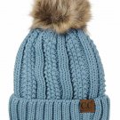 Denim Thick Cable Knit Faux Fuzzy Fur Pom Fleece Lined Skull Cap Cuff Beanie