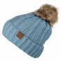 Denim Thick Cable Knit Faux Fuzzy Fur Pom Fleece Lined Skull Cap Cuff Beanie