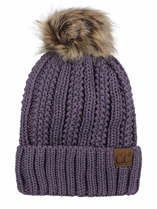 Violet Thick Cable Knit Faux Fuzzy Fur Pom Fleece Lined Skull Cap Cuff Beanie