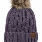 Violet Thick Cable Knit Faux Fuzzy Fur Pom Fleece Lined Skull Cap Cuff Beanie