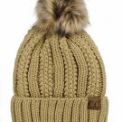 Camel Thick Cable Knit Faux Fuzzy Fur Pom Fleece Lined Skull Cap Cuff Beanie