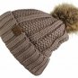Taupe Thick Cable Knit Faux Fuzzy Fur Pom Fleece Lined Skull Cap Cuff Beanie