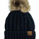 Navy Thick Cable Knit Faux Fuzzy Fur Pom Fleece Lined Skull Cap Cuff Beanie