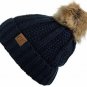 Navy Thick Cable Knit Faux Fuzzy Fur Pom Fleece Lined Skull Cap Cuff Beanie