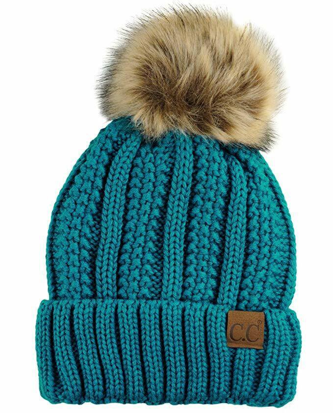 Teal Thick Cable Knit Faux Fuzzy Fur Pom Fleece Lined Skull Cap Cuff Beanie