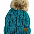 Teal Thick Cable Knit Faux Fuzzy Fur Pom Fleece Lined Skull Cap Cuff Beanie