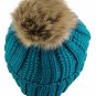 Teal Thick Cable Knit Faux Fuzzy Fur Pom Fleece Lined Skull Cap Cuff Beanie