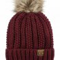 Burgundy Thick Cable Knit Faux Fuzzy Fur Pom Fleece Lined Skull Cap Cuff Beanie