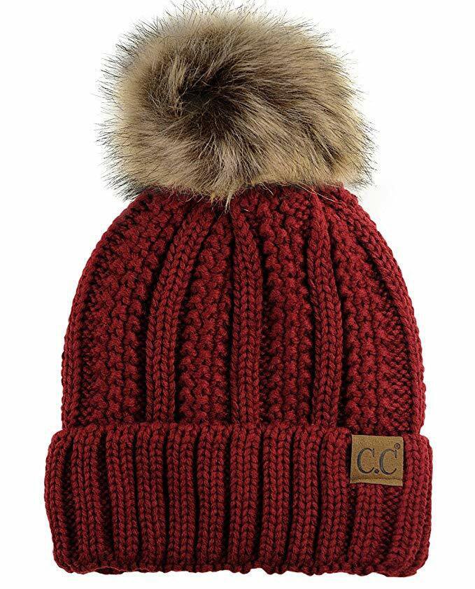 Maroon Thick Cable Knit Faux Fuzzy Fur Pom Fleece Lined Skull Cap Cuff Beanie