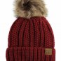 Maroon Thick Cable Knit Faux Fuzzy Fur Pom Fleece Lined Skull Cap Cuff Beanie
