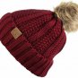 Maroon Thick Cable Knit Faux Fuzzy Fur Pom Fleece Lined Skull Cap Cuff Beanie